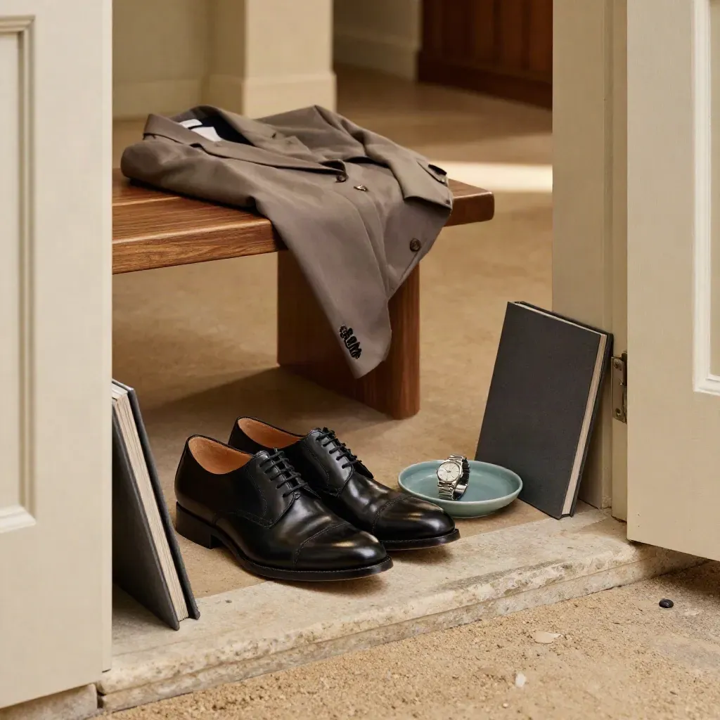 Kasut kerja, blazer, portfolio dan jam di ambang pintu, sedia untuk temu duga.